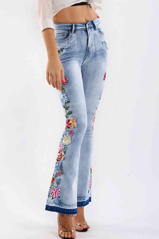 Side Flower Embroidery Wide Leg Jeans
