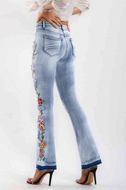 Side Flower Embroidery Wide Leg Jeans