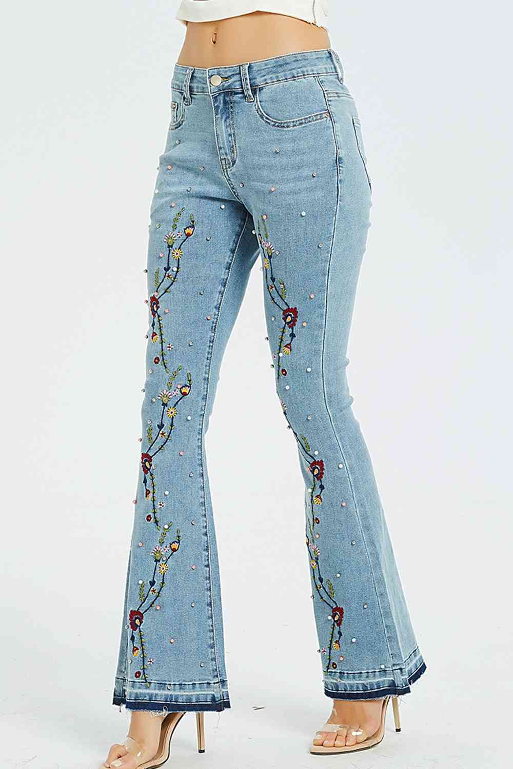 Small Flower Embroidery Wide Leg Jeans