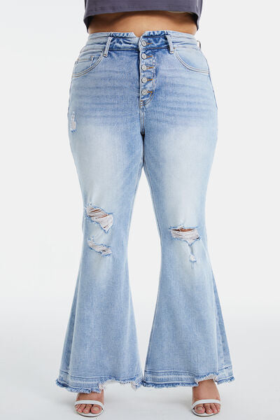 Full Size Distressed Raw Hem High Waist Flare Jeans
