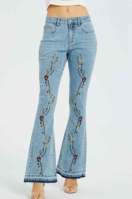 Small Flower Embroidery Wide Leg Jeans